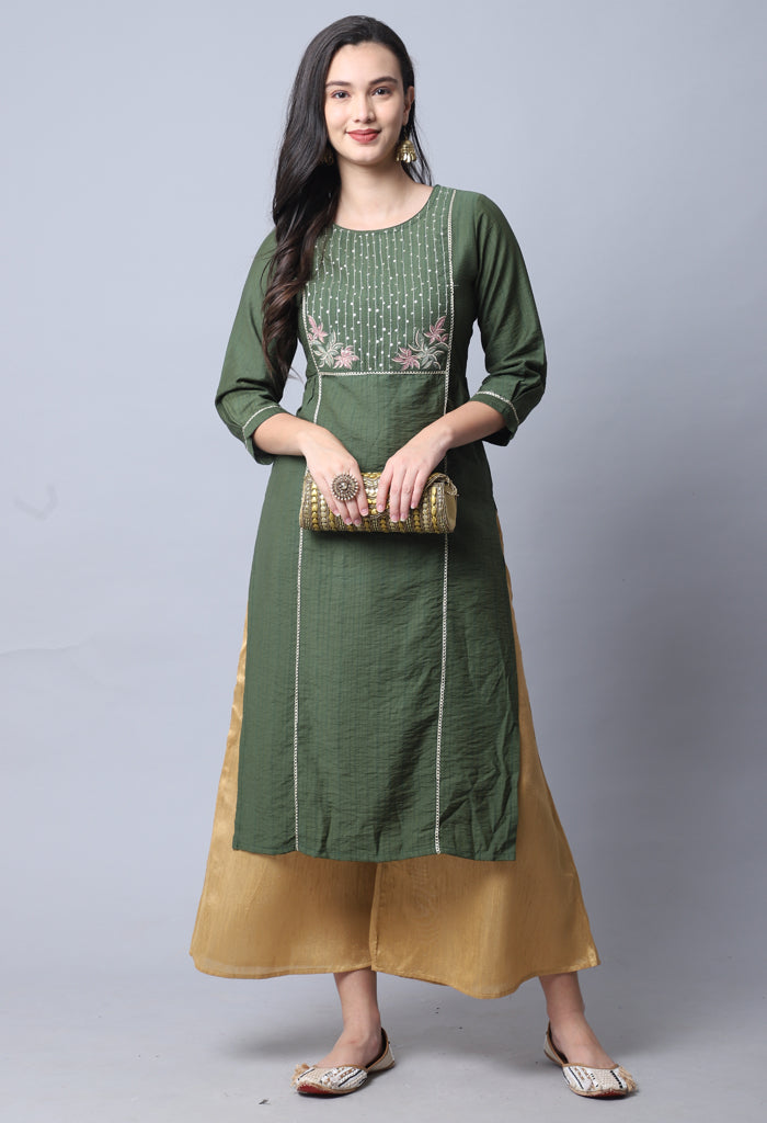 Green Pure Cambric Cotton Embroidered Kurti