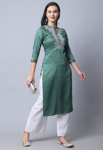 Bottle Green Chinon Viscous Embroidered Kurti