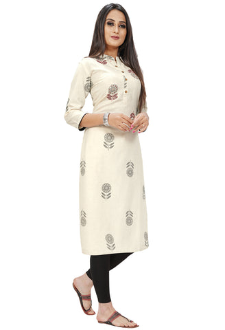 Beige Khadi Cotton Jaipuri Printed Kurti