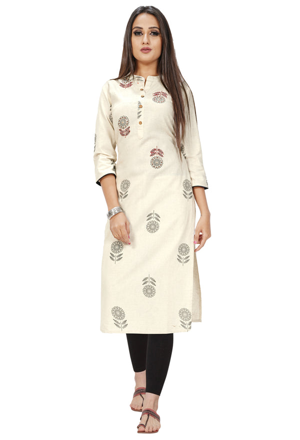 Beige Khadi Cotton Jaipuri Printed Kurti - Rajnandini