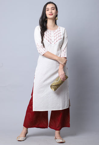 Beige Pure Cambric Cotton Embroidered Kurti