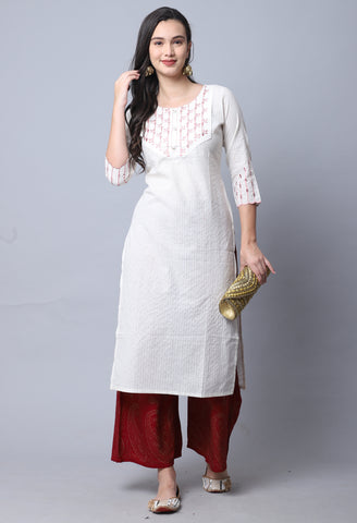 Beige Pure Cambric Cotton Embroidered Kurti