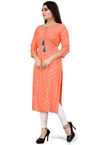 Orange Rayon Slub Jaipuri Printed Kurti