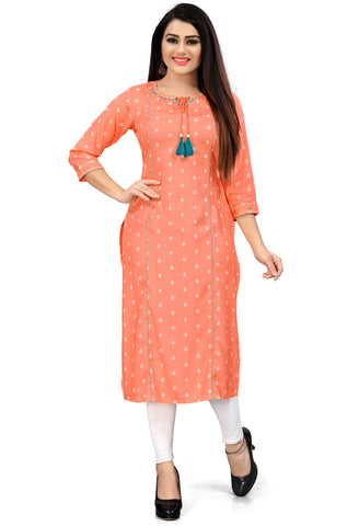 Orange Rayon Slub Jaipuri Printed Kurti