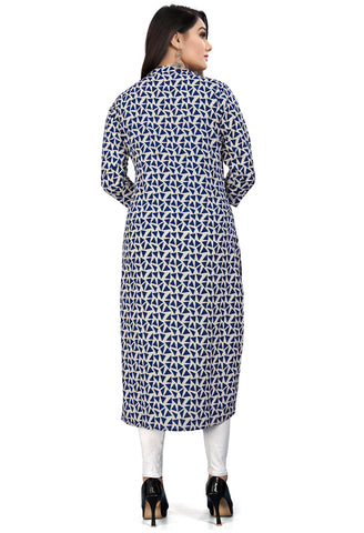 Off White And Blue Pure Cotton Jaipuri Printed Kurti