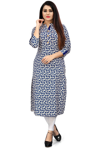 Off White And Blue Pure Cotton Jaipuri Printed Kurti