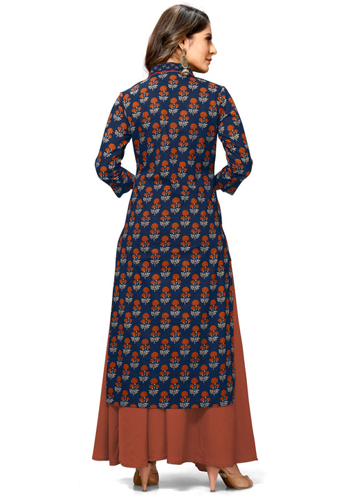 Navy Blue Cotton Jaipuri Printed Kurti