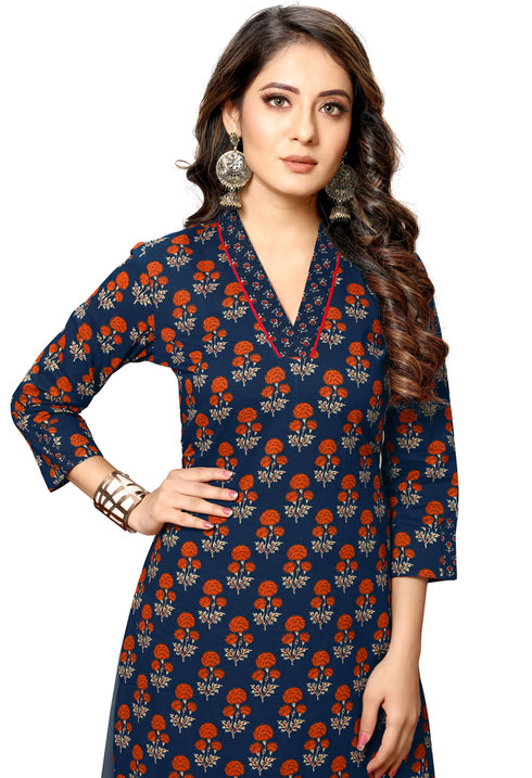 Navy Blue Cotton Jaipuri Printed Kurti