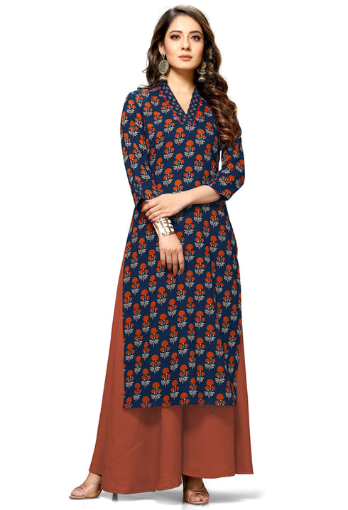 Navy Blue Cotton Jaipuri Printed Kurti