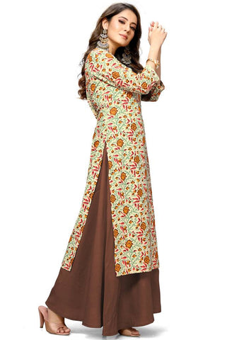 Beige Cotton Jaipuri Printed Kurti