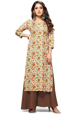 Beige Cotton Jaipuri Printed Kurti