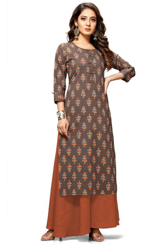 Brown Cotton Jaipuri Printed Kurti