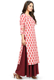 Off White And Red Cotton Jaipuri Printed Kurti