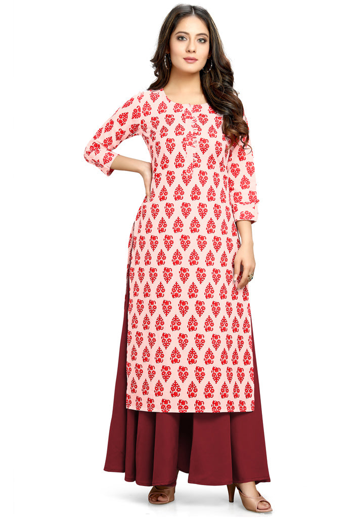Off White And Red Cotton Jaipuri Printed Kurti