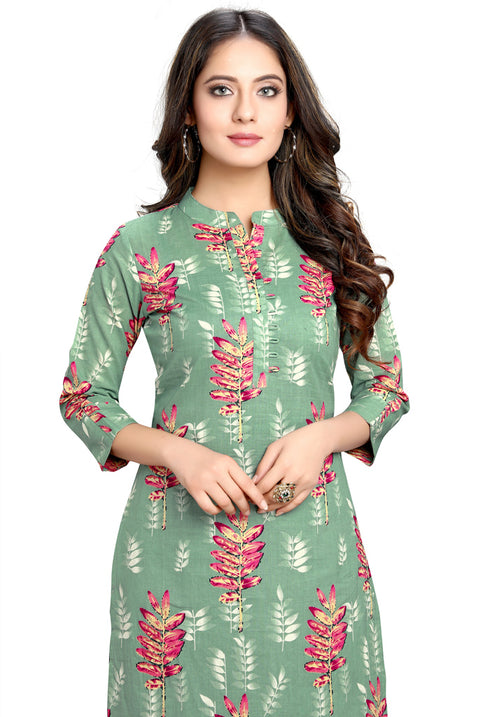 Sage Green Pure Cotton Jaipuri Printed Kurti