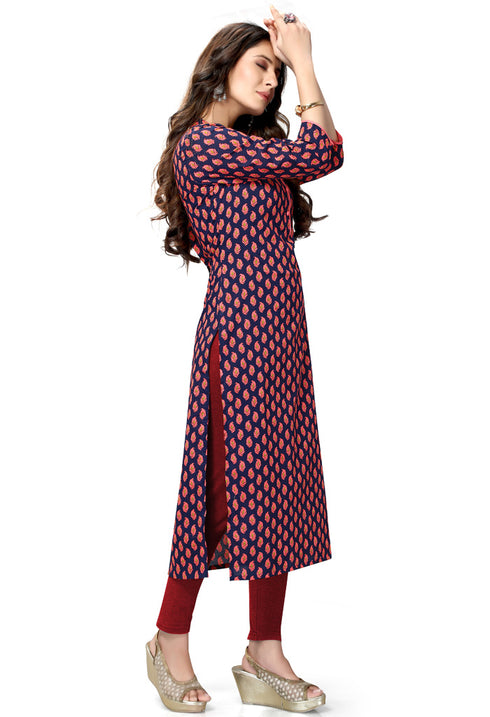 Navy Blue And Beige Pure Cambric Cotton Jaipuri Printed Kurti