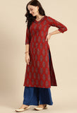 Maroon Pure Cambric Cotton Jaipuri Printed Kurti