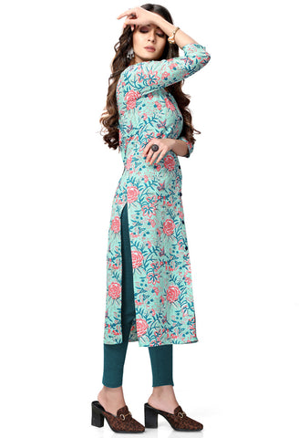 Light Blue Pure Cambric Cotton Jaipuri Printed Kurti