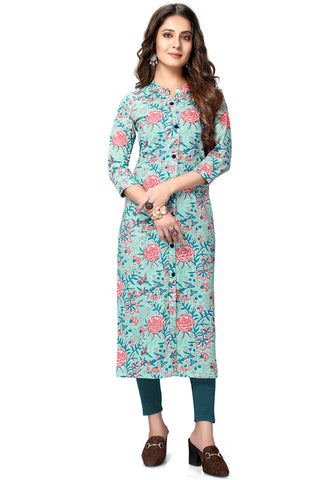 Light Blue Pure Cambric Cotton Jaipuri Printed Kurti