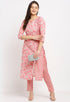 Pink Pure Cambric Cotton Jaipuri Printed Front Slit Kurti With Palazzo