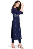 Navy Blue Pure Cambric Cotton Jaipuri Embroidered Kurti