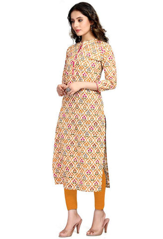 Beige Pure Cambric Cotton Jaipuri Printed Kurti