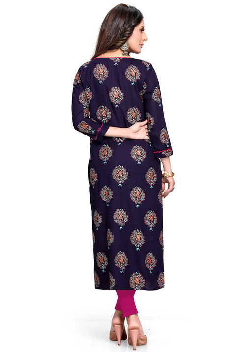 Navy Blue Rayon Printed Kurti