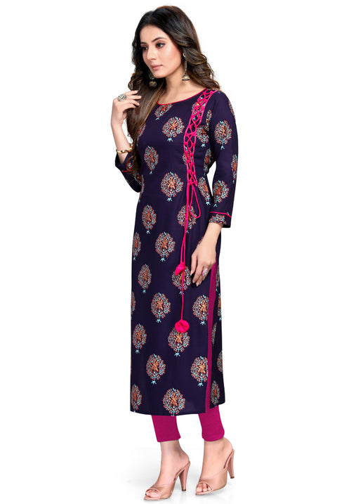 Navy Blue Rayon Printed Kurti