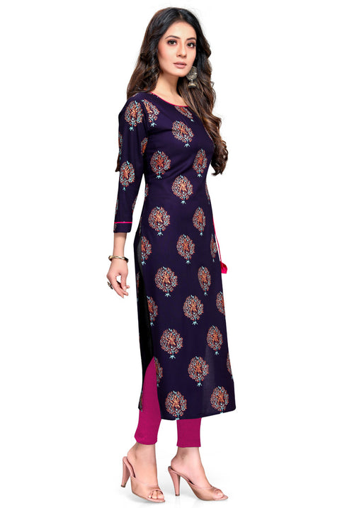Navy Blue Rayon Printed Kurti