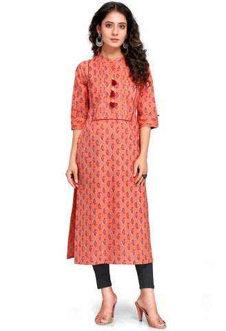 Orange Pure Cambric Cotton Jaipuri Printed Kurti