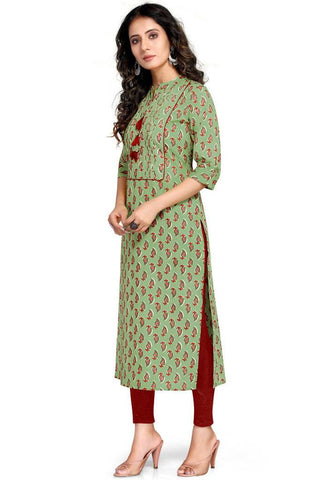 Green Pure Cambric Cotton Jaipuri Printed Kurti