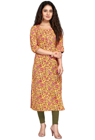 Yellow Pure Cambric Cotton Printed Kurti