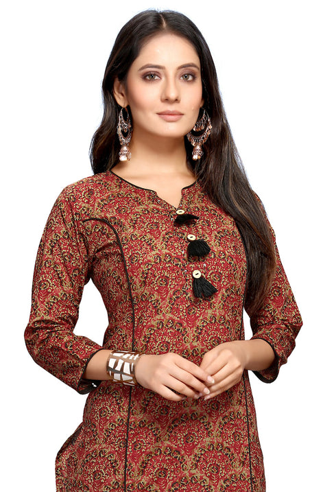 Maroon Pure Cambric Cotton Jaipuri Printed Kurti