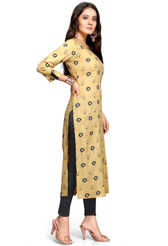 Beige Rayon Slub Jaipuri Printed Kurti