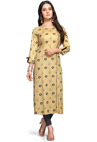 Beige Rayon Slub Jaipuri Printed Kurti