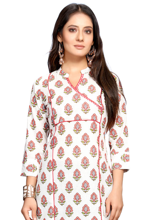 White Pure Cambric Cotton Jaipuri Printed Kurti