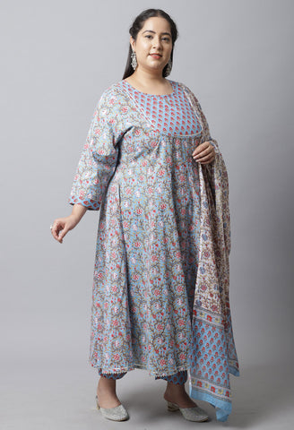 Pure Cambric Cotton Printed Plus Size Kurta Set With Dupatta