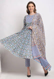 Blue Pure Cambric Cotton Printed Kurta Set With Dupatta
