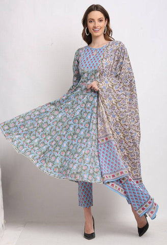 Blue Pure Cambric Cotton Printed Kurta Set With Dupatta