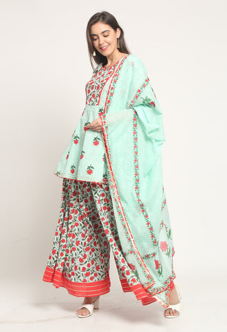 Sea Green Pure Cambric Cotton Floral Printed Kurta Set With Dupatta