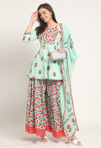 Sea Green Pure Cambric Cotton Floral Printed Kurta Set With Dupatta