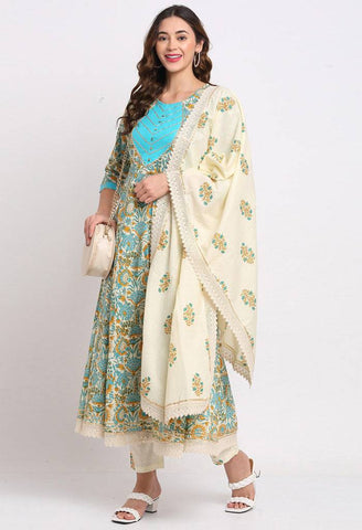 Beige And Blue Pure Cambric Cotton Floral Printed Kurta Set With Dupatta