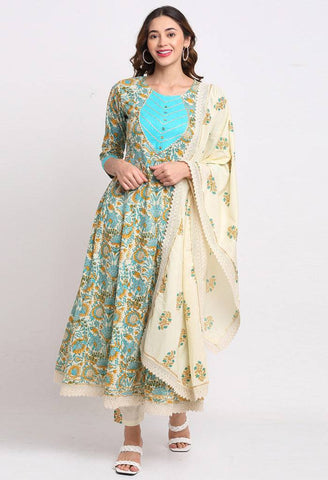 Beige And Blue Pure Cambric Cotton Floral Printed Kurta Set With Dupatta