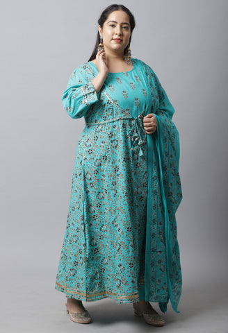 Pure Cambric Cotton Printed Plus Size Kurta Set With Dupatta