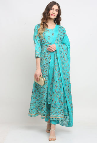 Sky Blue Pure Cambric Cotton Floral Printed Kurta Set With Dupatta