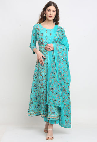 Sky Blue Pure Cambric Cotton Floral Printed Kurta Set With Dupatta