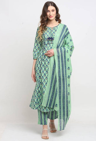 Green Pure Cambric Cotton Floral Printed Kurta Set With Dupatta