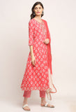 Pink Pure Cambric Cotton Floral Printed Kurta Set With Dupatta