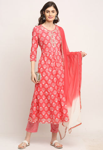 Pink Pure Cambric Cotton Floral Printed Kurta Set With Dupatta