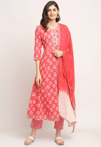 Pink Pure Cambric Cotton Floral Printed Kurta Set With Dupatta